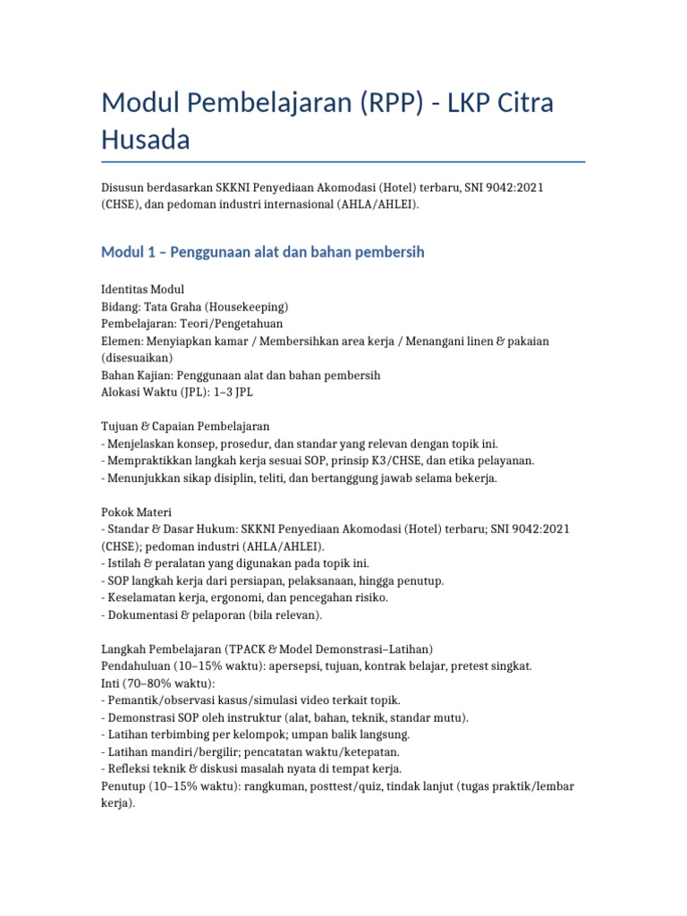 Modul RPP Housekeeping Hotel CHSE | PDF