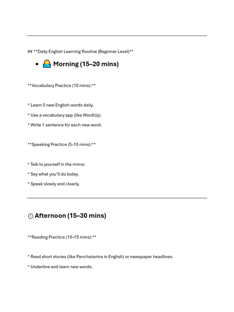 Daily English Learning Plan for Beginners | PDF