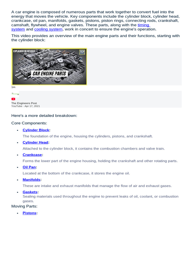 Car Engine Parts and Functions Overview | PDF | Internal Combustion ...