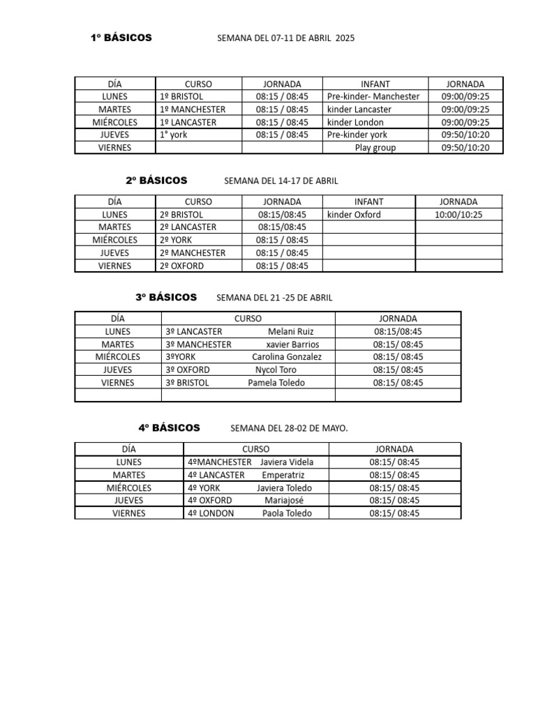 Horarios de Clases Abril-Mayo 2025 | PDF