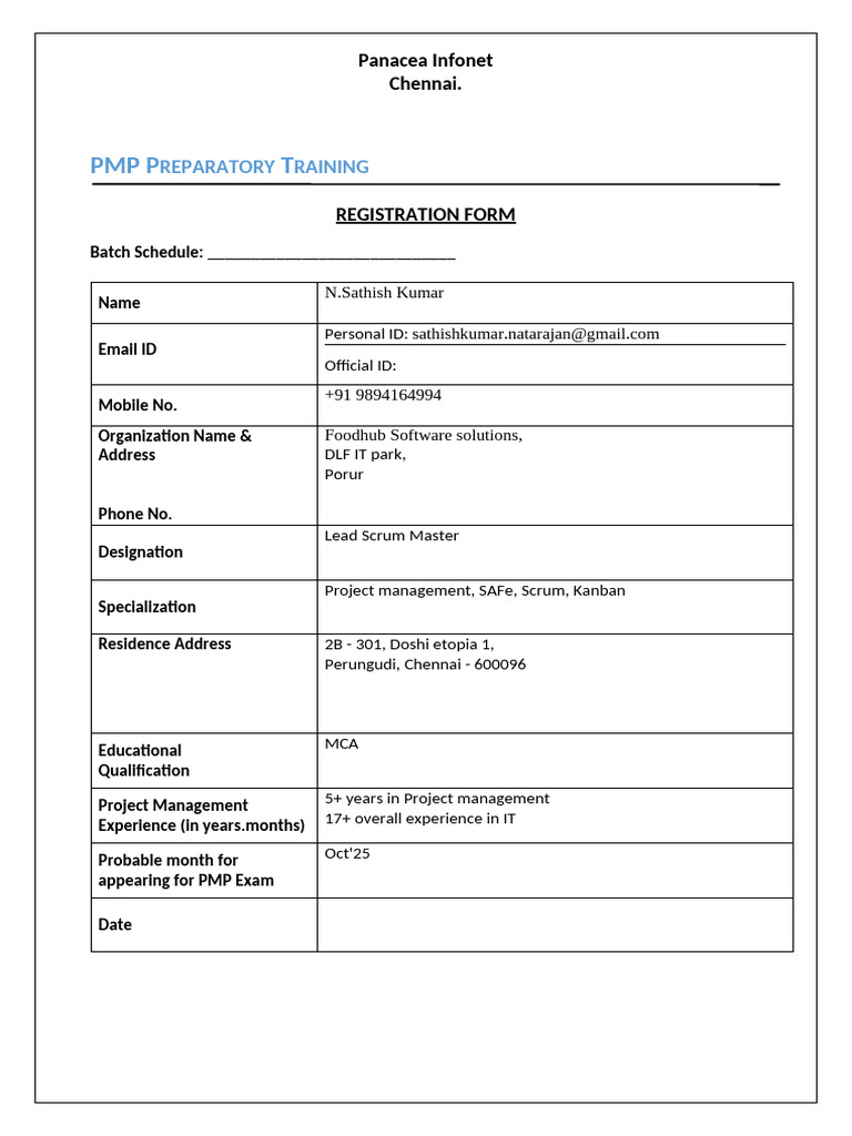 PMP Training Registration Form - Chennai | PDF