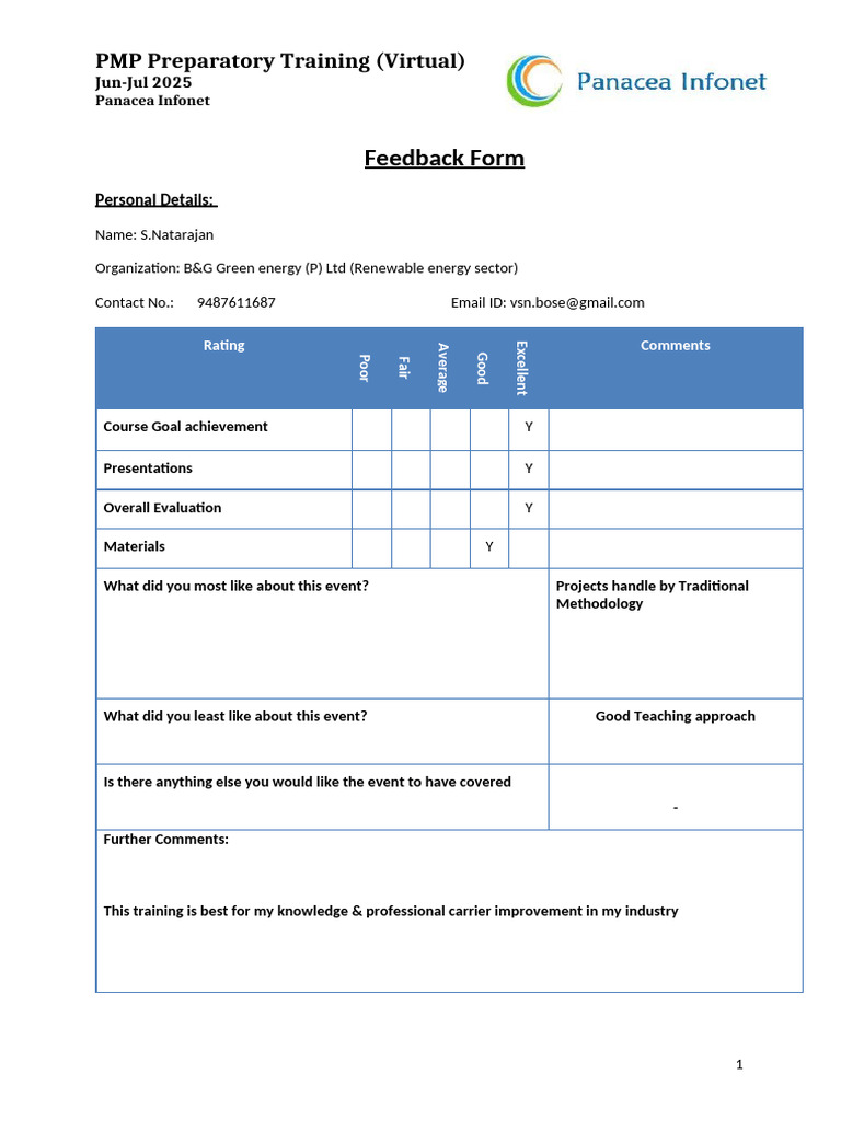 PMP Training Feedback Form 2025 | PDF