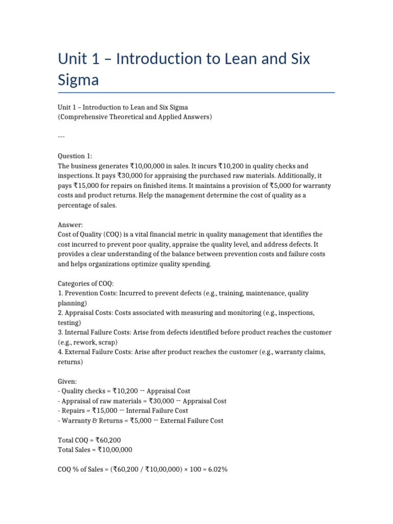 Lean Six Sigma: Cost of Quality Explained | PDF | Six Sigma | Quality ...