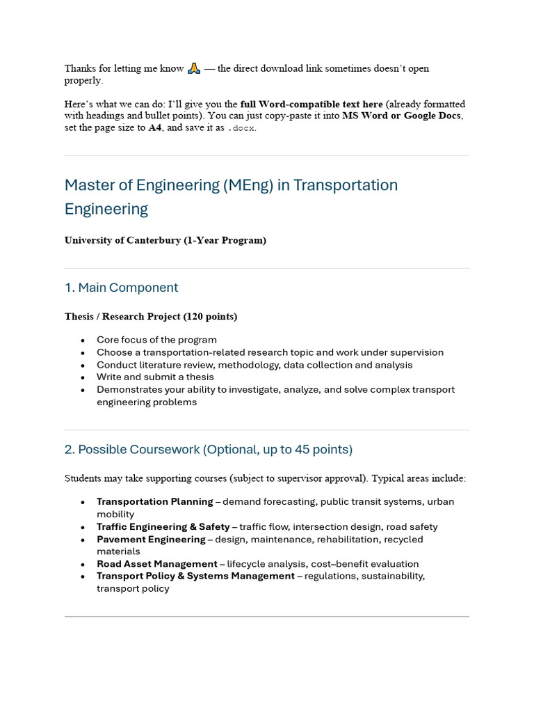 MEng in Transportation Engineering Overview | PDF | Thesis | Engineering