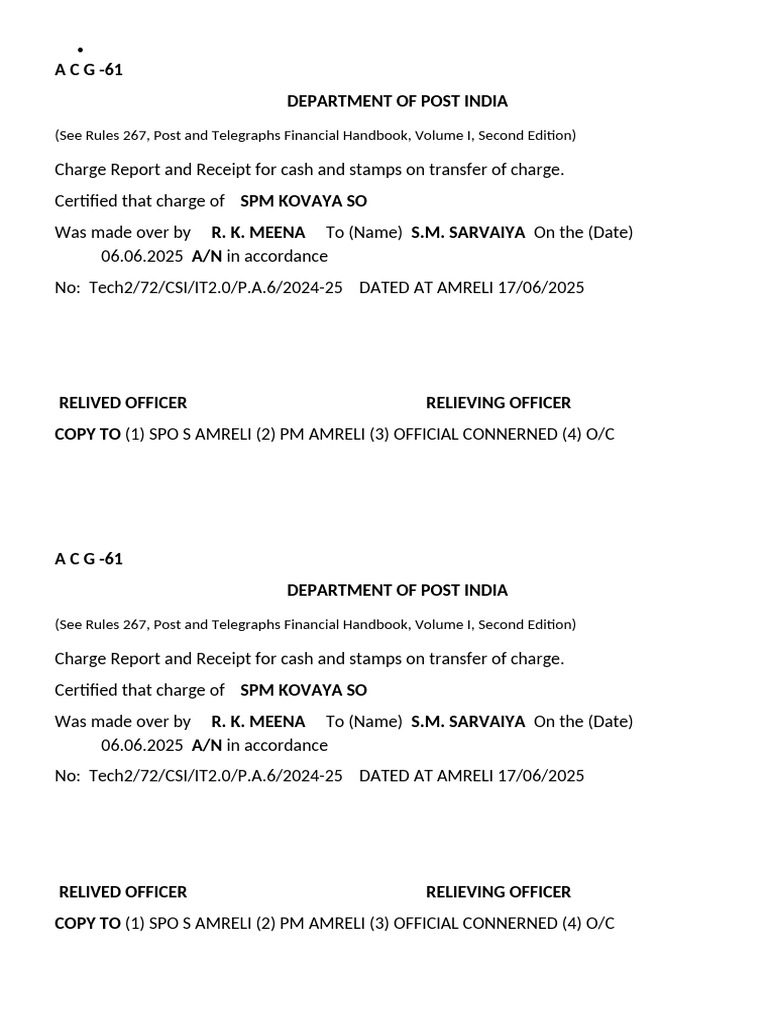 Charge Transfer Receipt - India Post | PDF