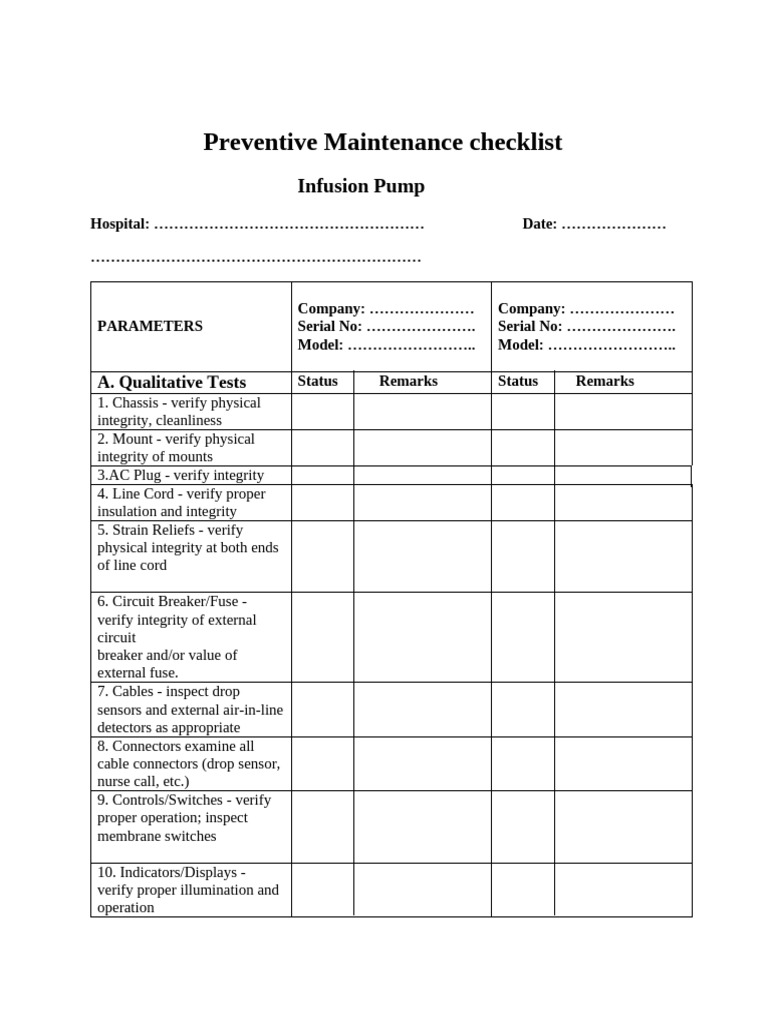 Preventive Maintenance Checklist Infusion | PDF