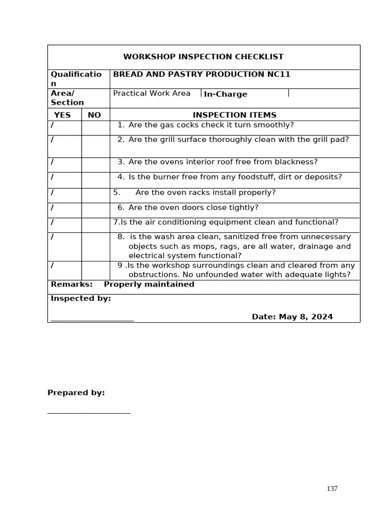 Workshop Inspection Checklist for NC11 | PDF