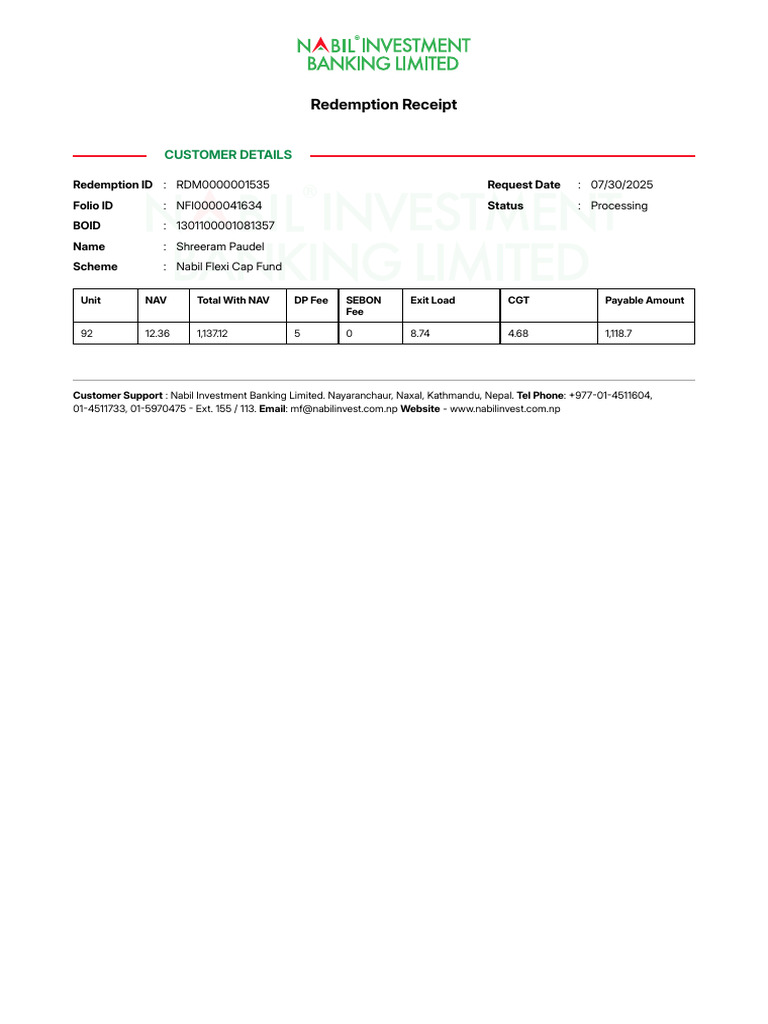 Nabil Flexi Cap Fund Redemption Receipt | PDF