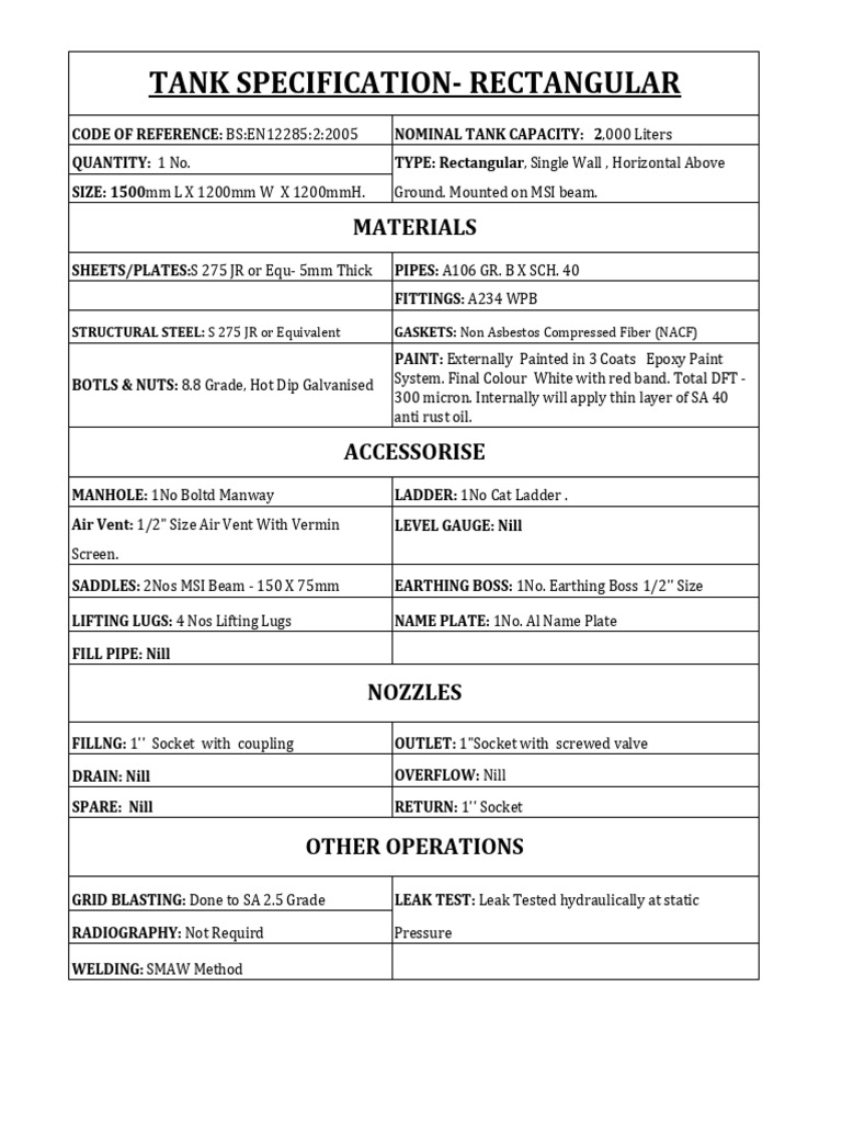 Tank Specification 2000Ltr Rectangular No. 0049 - 13.03.2025 | PDF