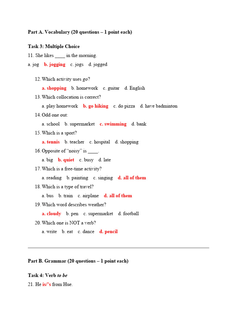 Vocabulary and Grammar Practice Test | PDF | Linguistics