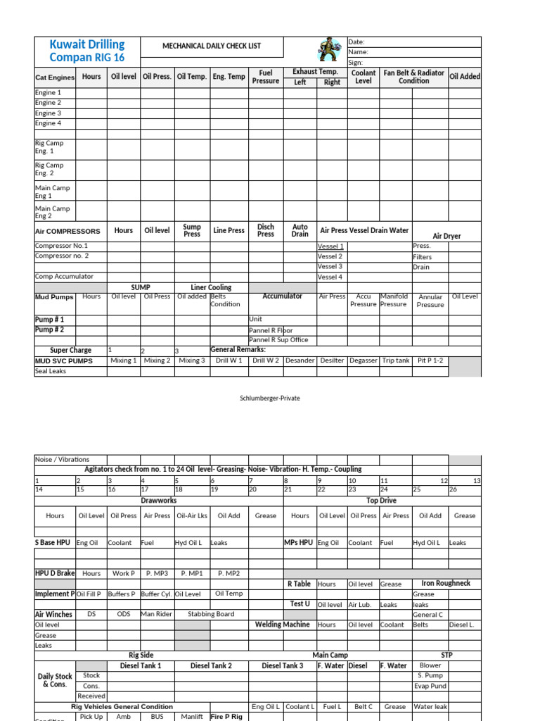 Daily Check List Rig 16 | PDF | Mechanical Engineering | Energy Technology