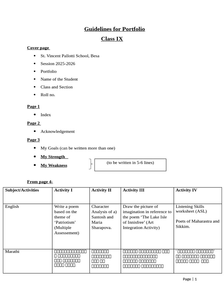Class IX Portfolio Guidelines 2025-2026 | PDF