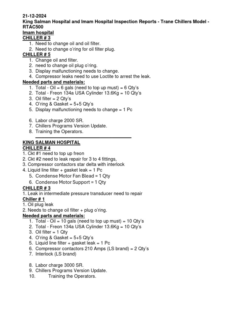 King Salman Hospital and Imam Hospital Inspection Reports - Trane ...