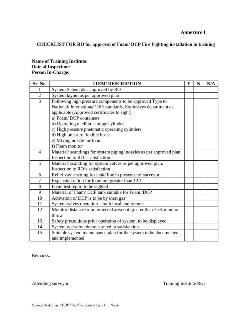 Foam/DCP Fire Fighting Installation Checklist | PDF