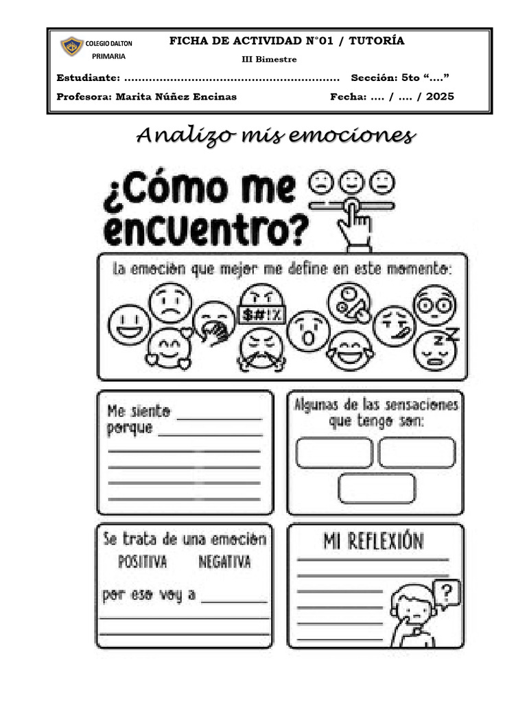 FICHA N01 TUTORIA - Analizo Mis Emociones. 5TO Grado | PDF