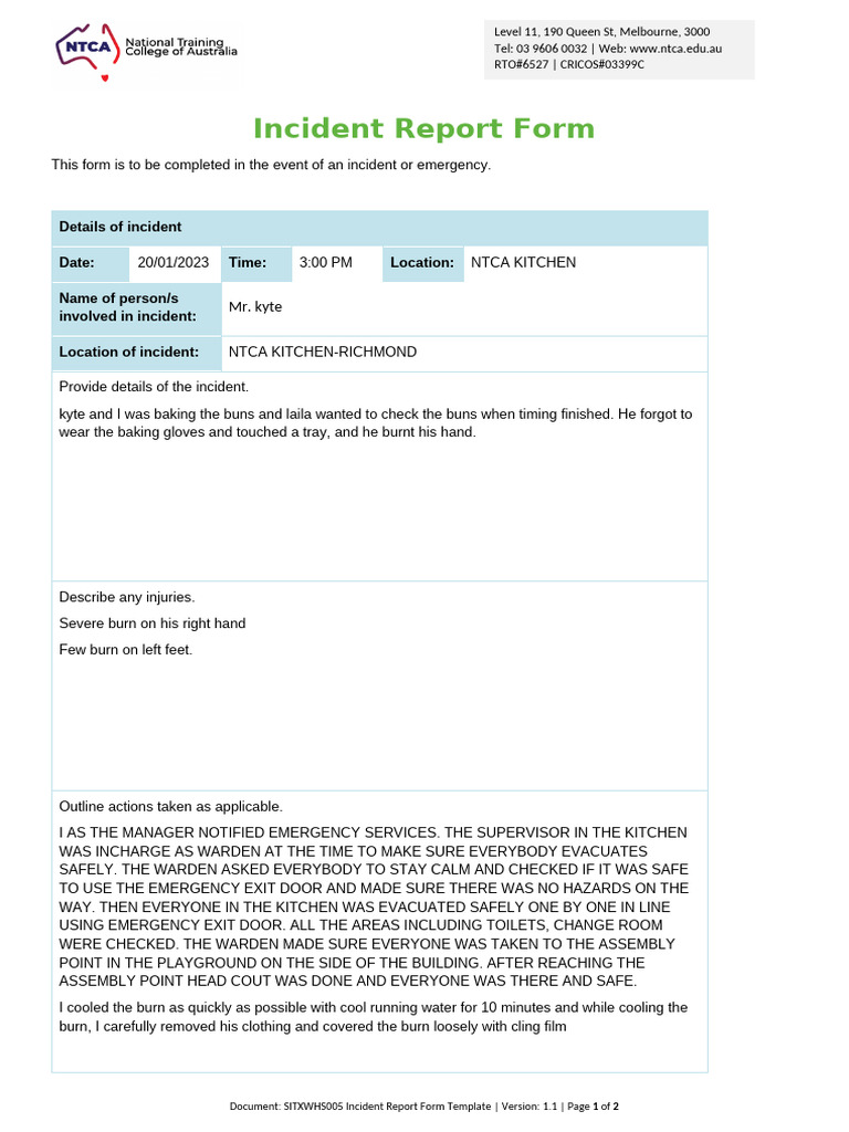 NTCA Kitchen Incident Report 2023 | PDF | Burn | Occupational Safety ...
