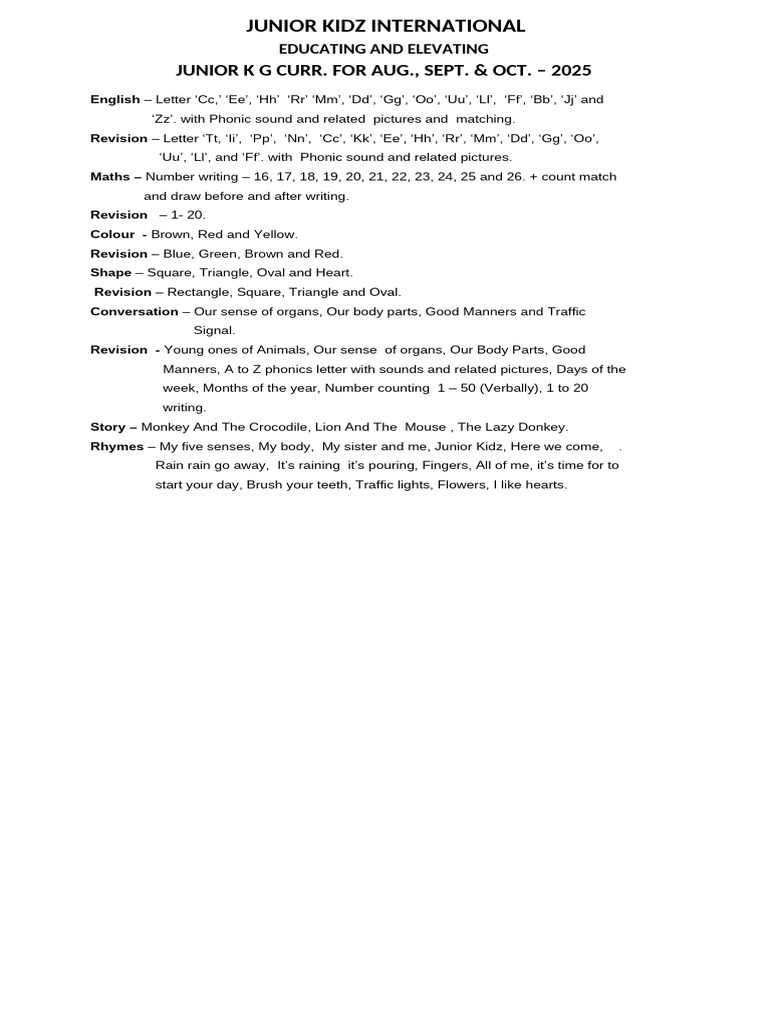 Junior K G Curriculum Overview 2025 | PDF