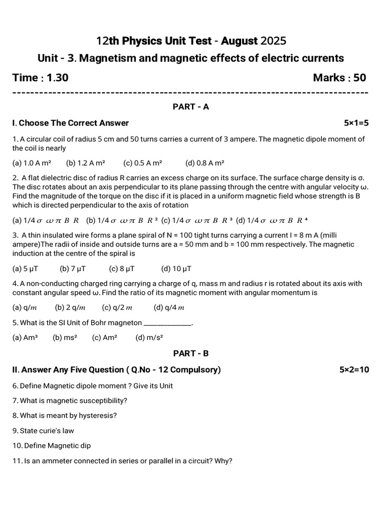 12th Physics Unit Test: Magnetism Focus | PDF | Magnetic Field | Magnetism