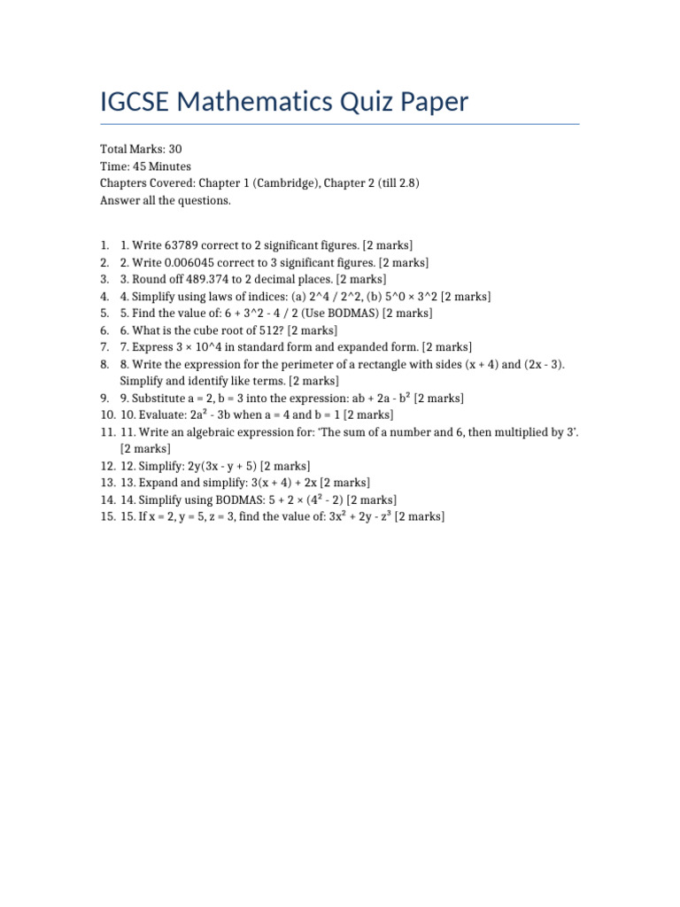 IGCSE Math Quiz: 30 Marks, 45 Min | PDF