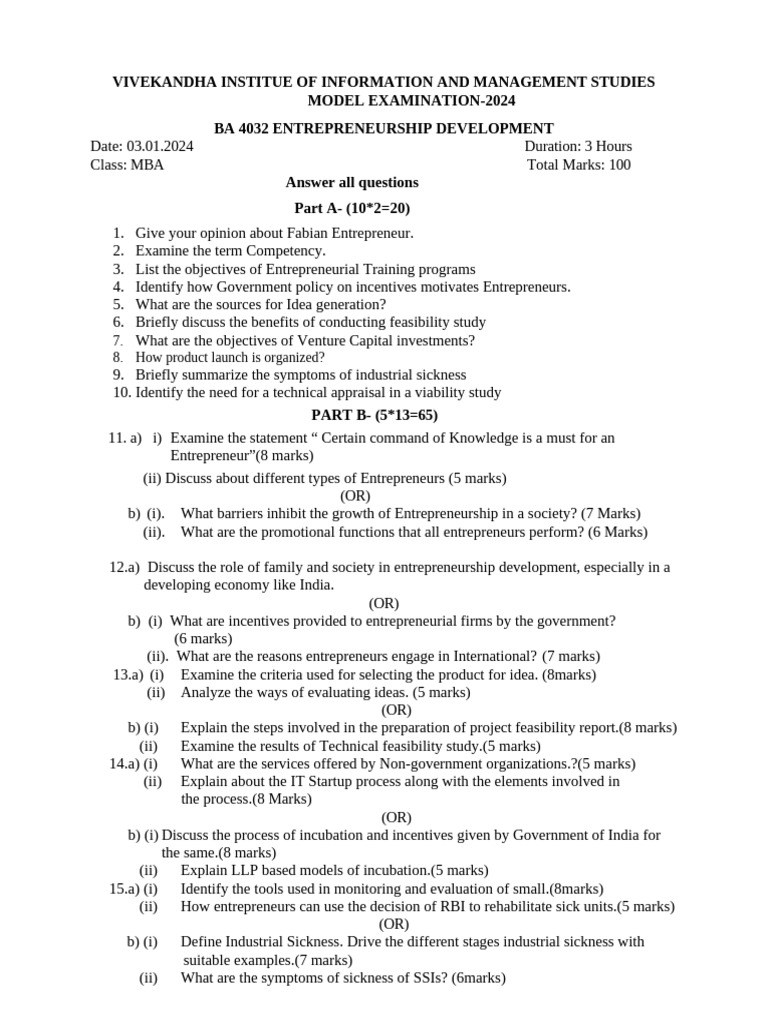 MBA Model Exam 2024: Entrepreneurship Development | PDF ...