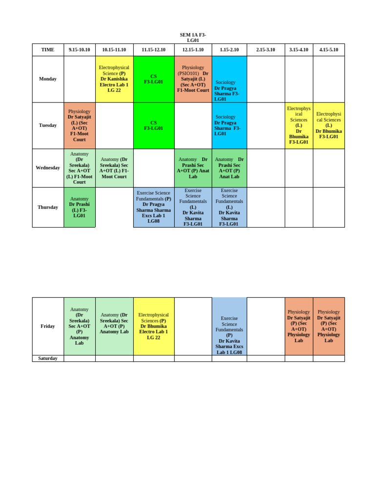 Semester 1 Course Schedule Overview | PDF | Biology