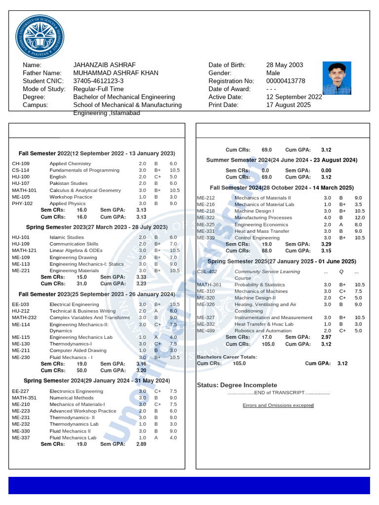 NUST Mechanical Engineering Transcript | PDF | Engineering | Control ...
