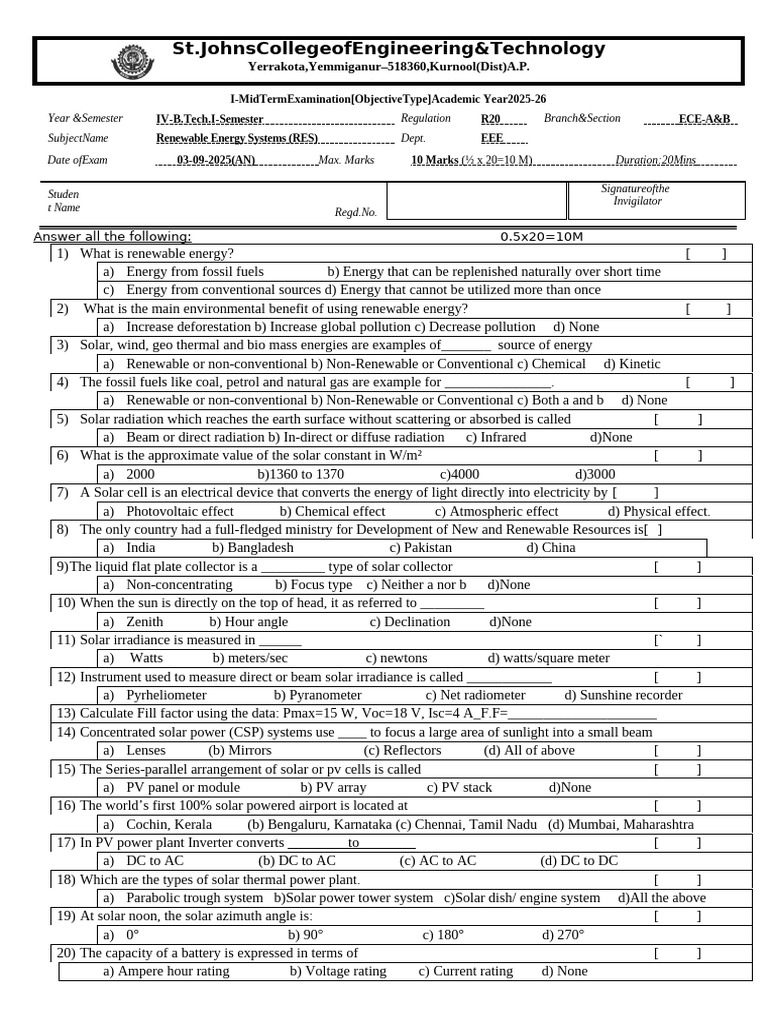 Renewable Energy Systems Midterm Exam 2025 | PDF | Photovoltaics ...