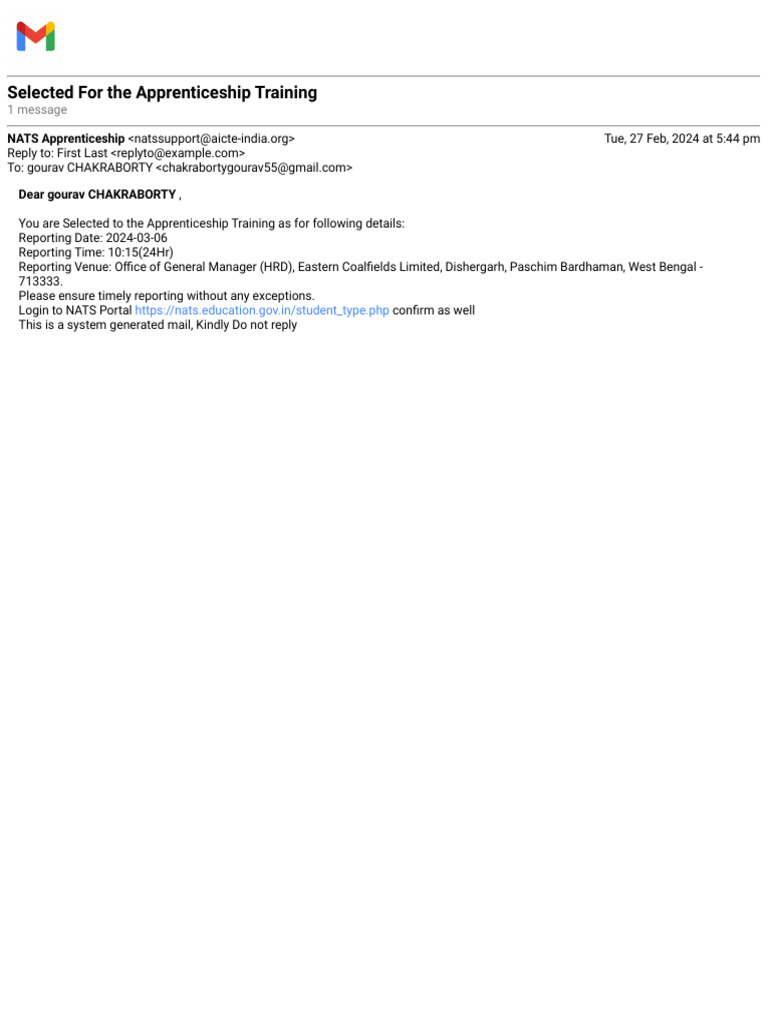 Gmail - Selected For The Apprenticeship Training | PDF