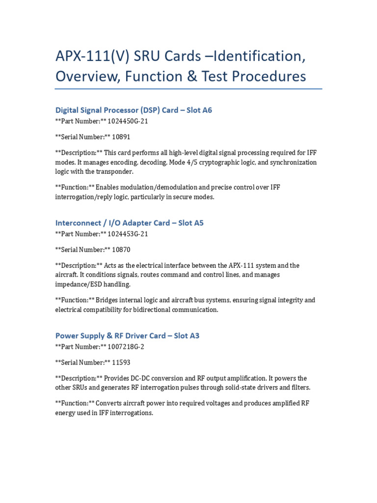 APX-111 SRU Cards Overview & Functions | PDF