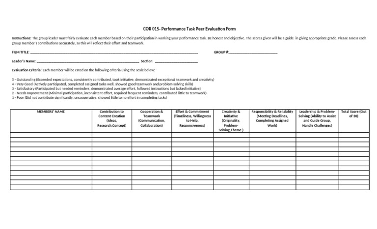 Peer Evaluation Form for Performance Tasks | PDF
