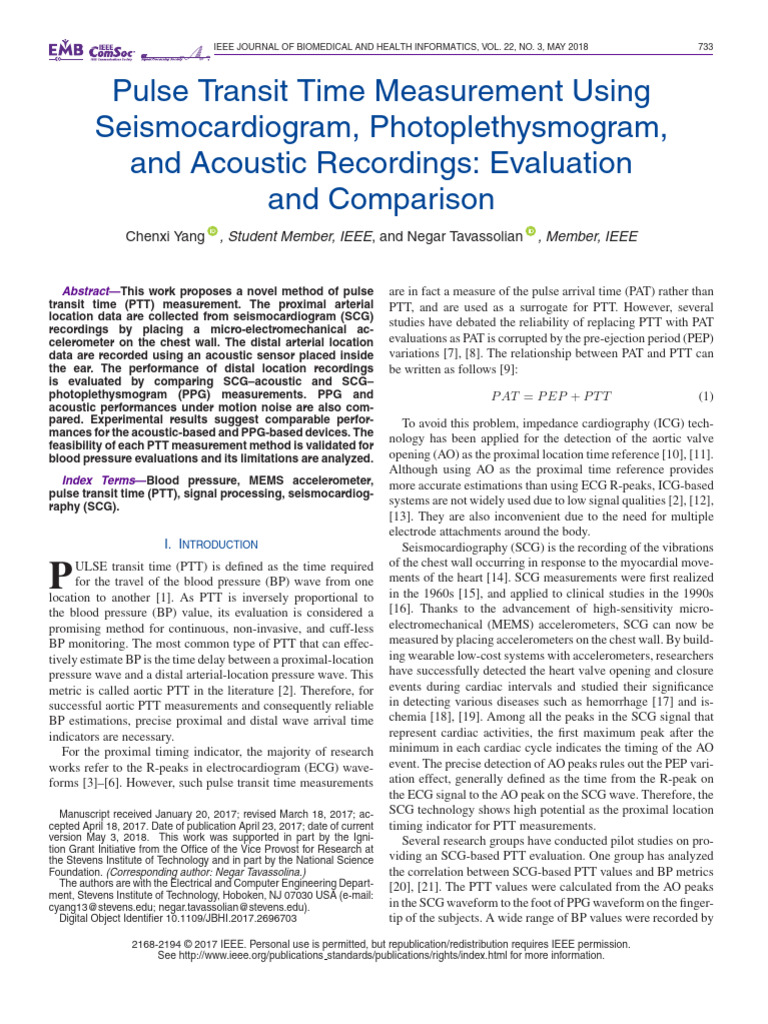 Pulse Transit Time Measurement Methods | PDF | Blood Pressure | Digital ...