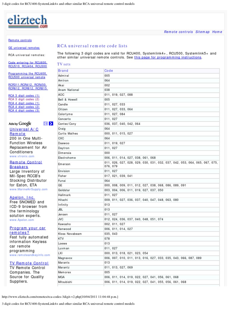 Rca codes discount