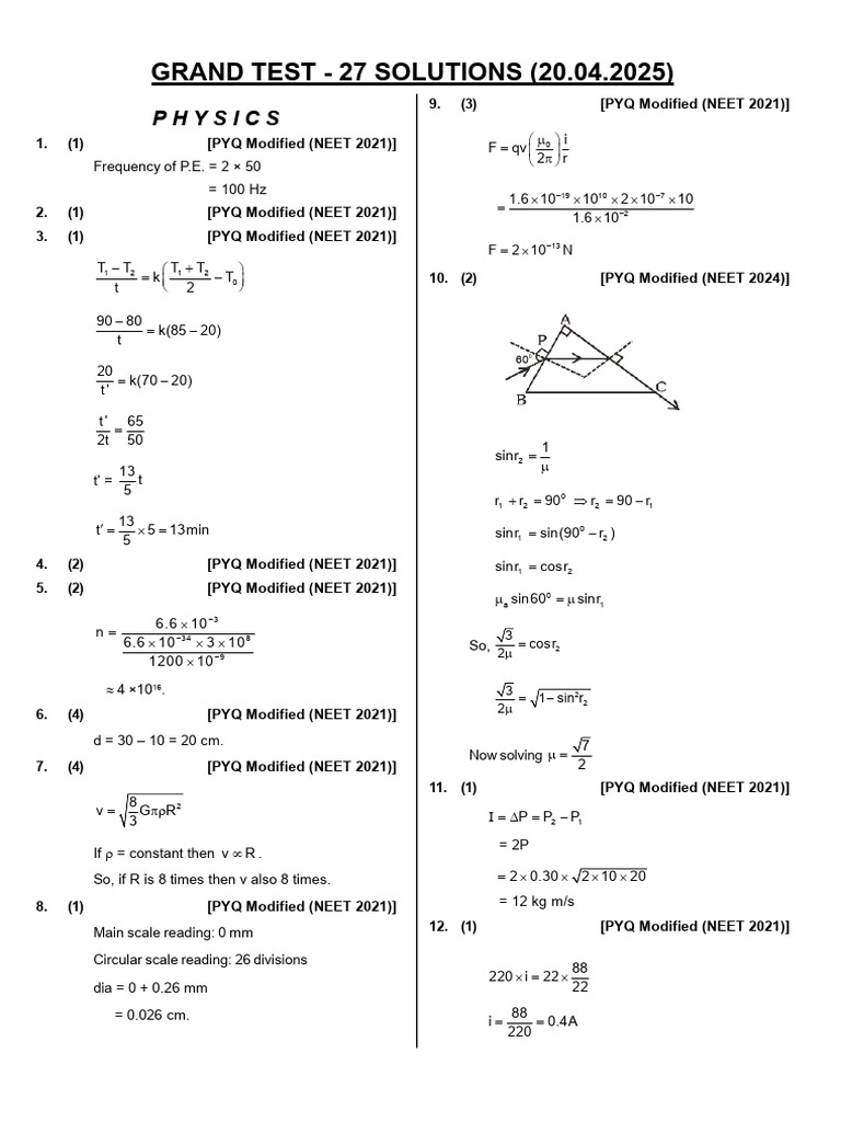 Grand Test - 27 Solutions (20.04.2025) | PDF | Homo