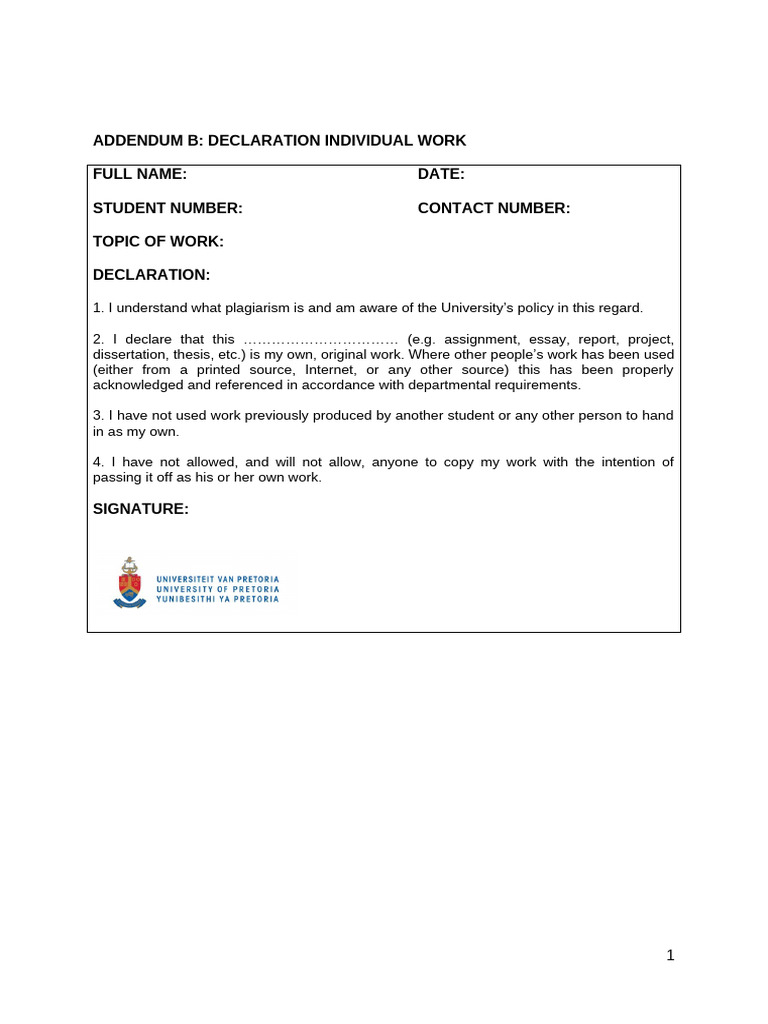 Plagiarism Declaration Form Template | PDF