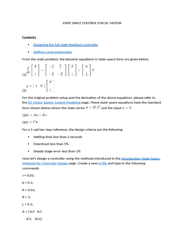 State Space Control For DC Motor | PDF | Control Theory | Matrix ...