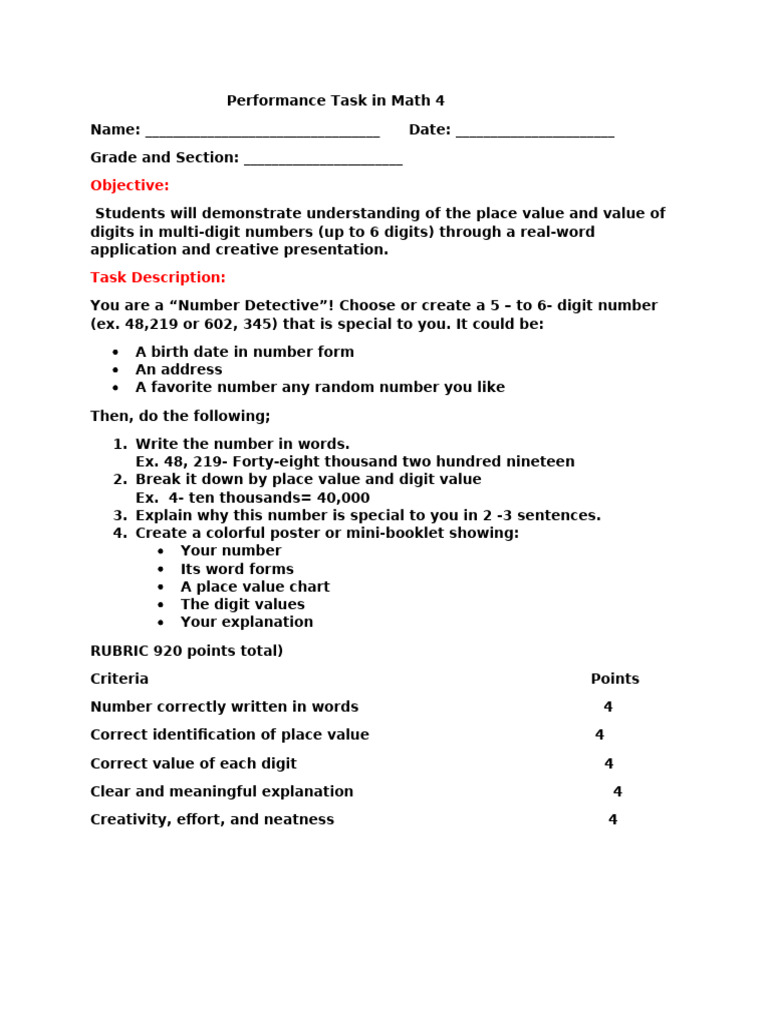 Math Performance Task: Number Detective | PDF
