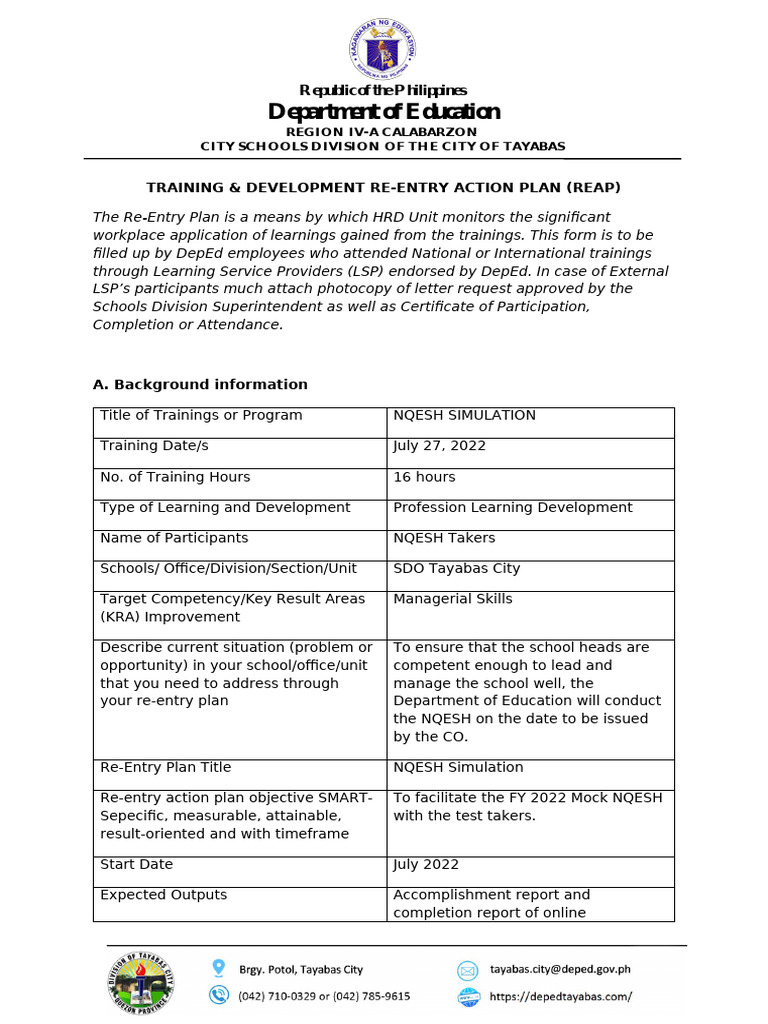 NQESH Simulation Re-Entry Action Plan | PDF | Business