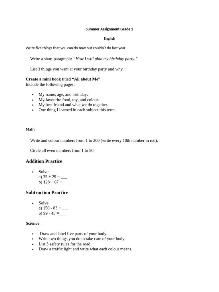 Grade 2 Summer Assignment Guide | PDF