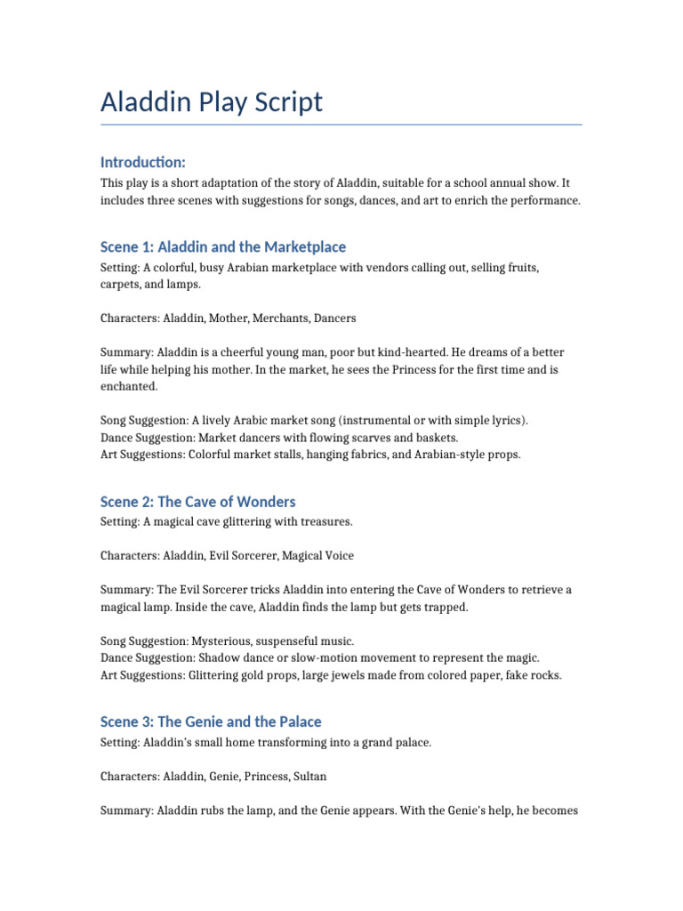 Aladdin School Play Script | PDF | Fairy Tales | Folklore