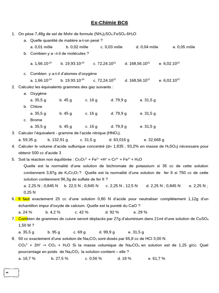 Calculs de chimie et équivalents chimiques | PDF | Chrome | Acide nitrique