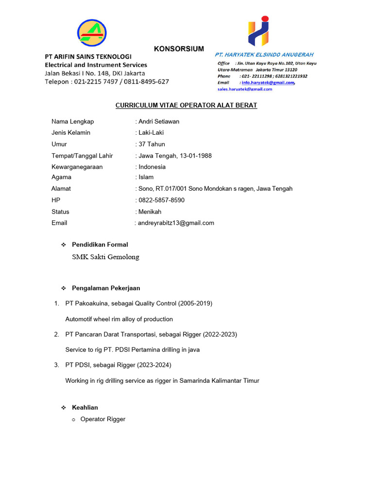 CV Operator Alat Berat (Rigger) | PDF