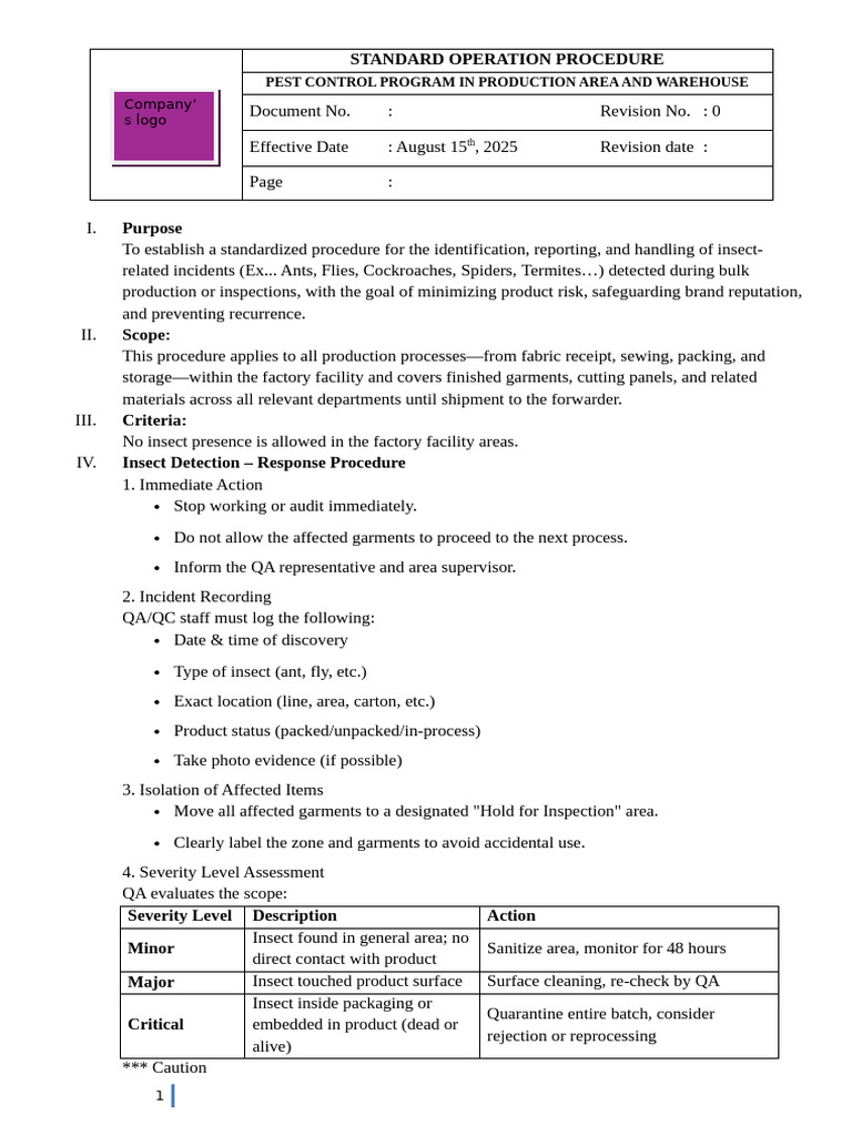 Pest Control SOP for Production Areas | PDF | Clothing