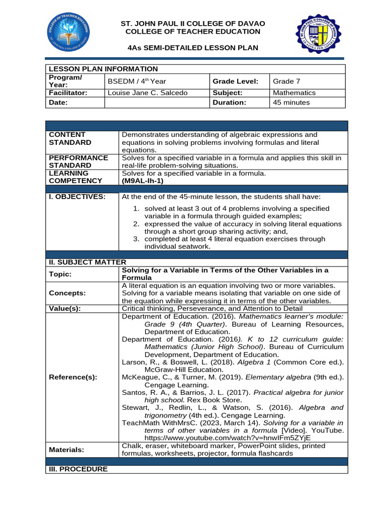 Grade 7 Math Lesson Plan: Solving Variables | PDF | Present Value ...