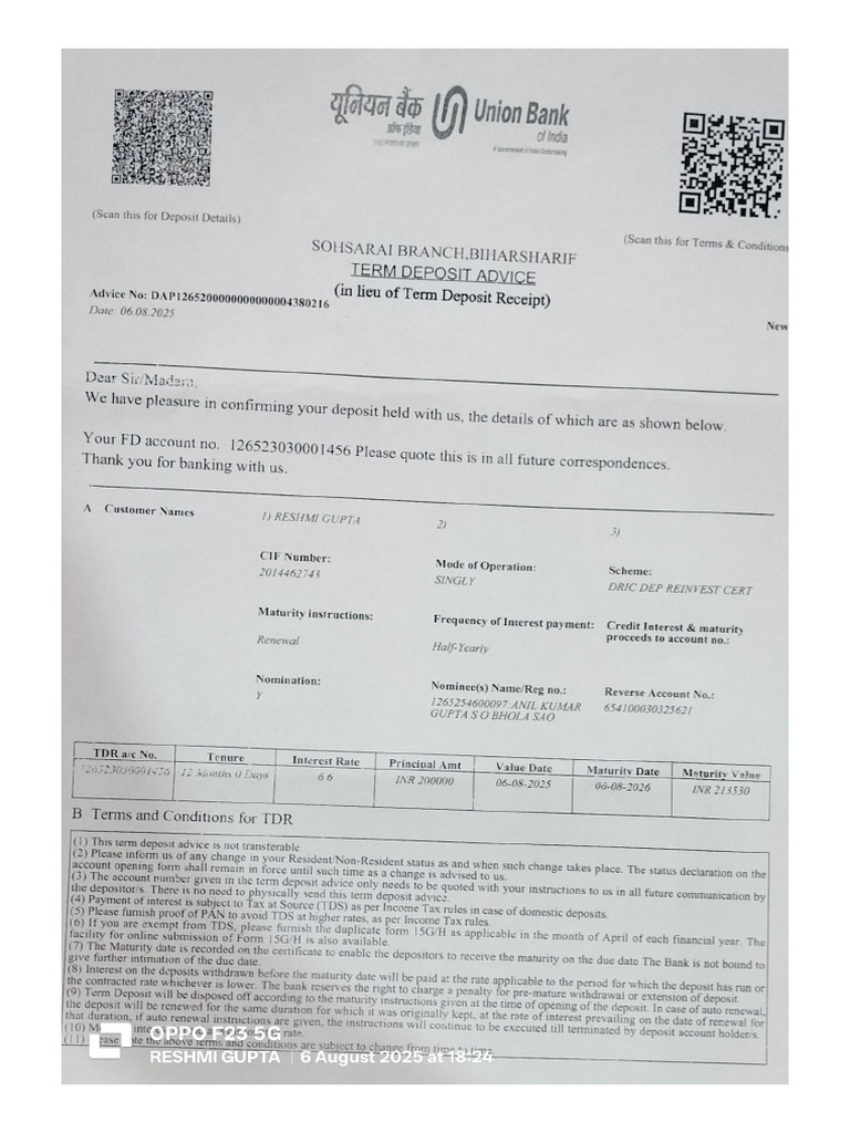 Union Bank FD | PDF