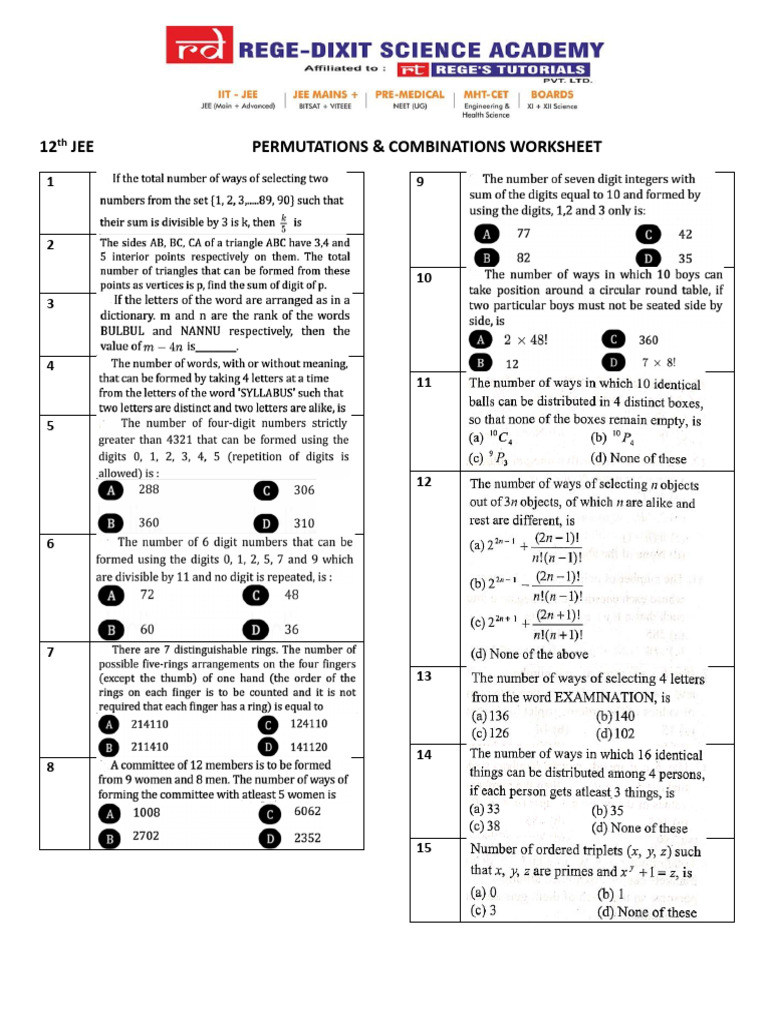 JEE Permutations & Combinations Worksheet | PDF