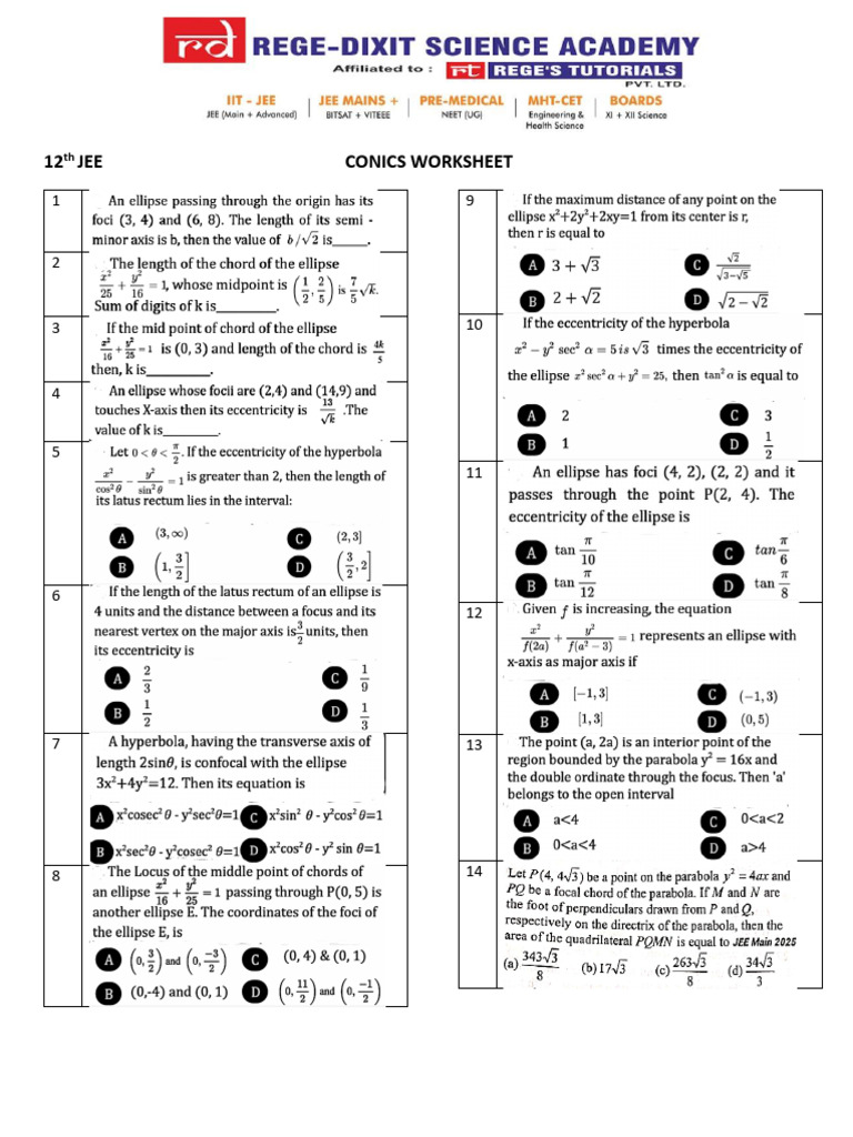 12th Jee Conics Worksheet | PDF