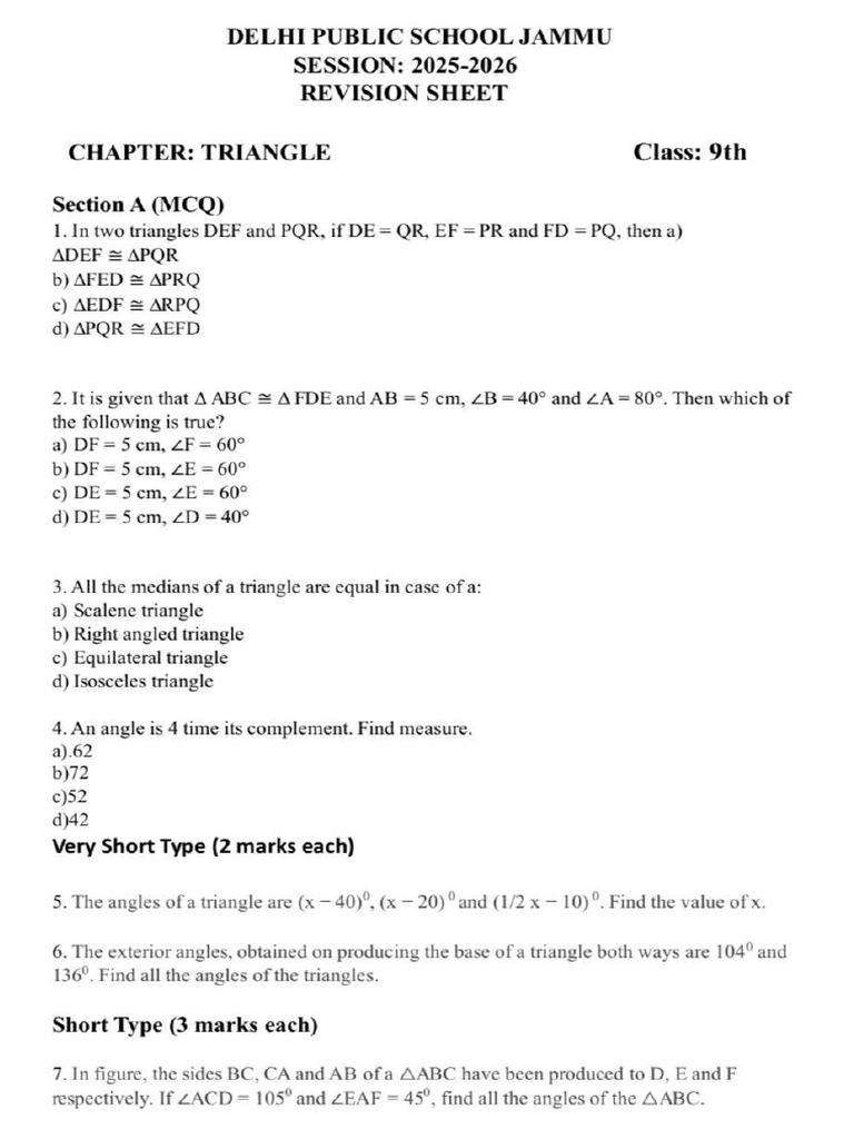 Assignment 9th Math (Triangles) | PDF