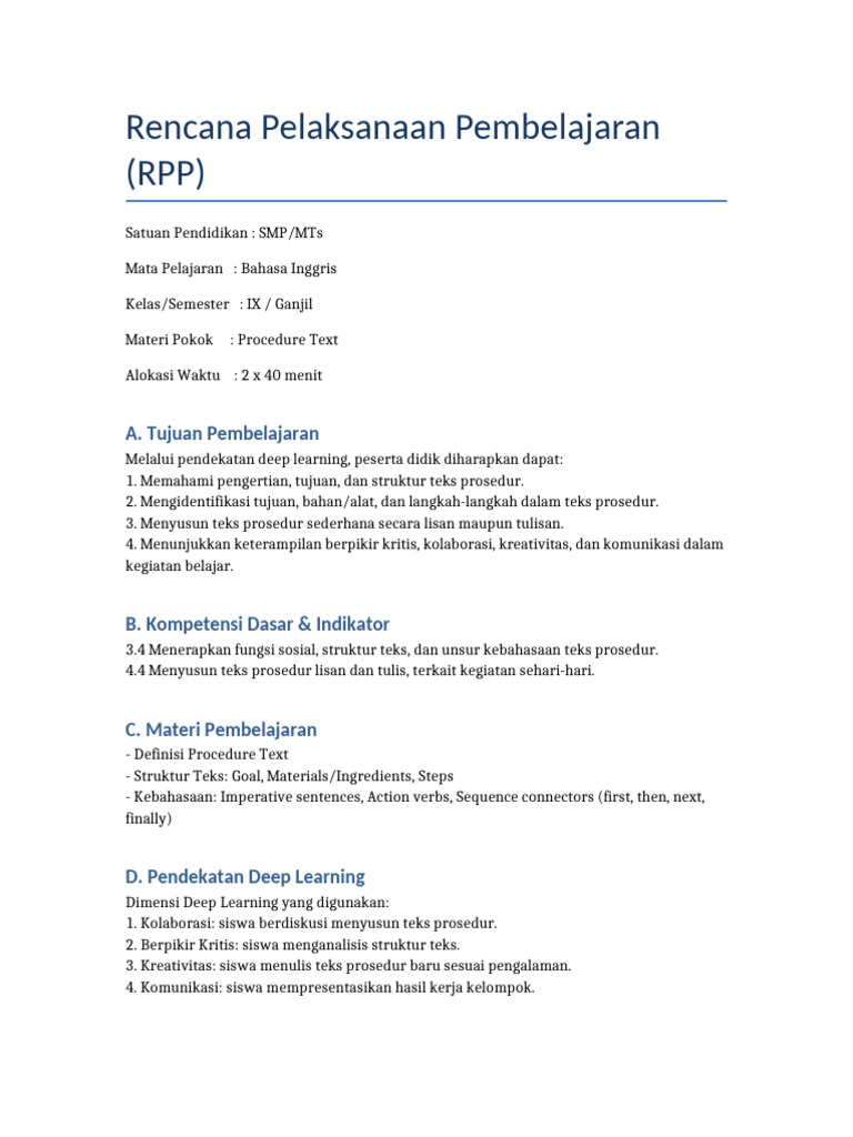 RPP Teks Prosedur Kelas 9 Deep Learning | PDF