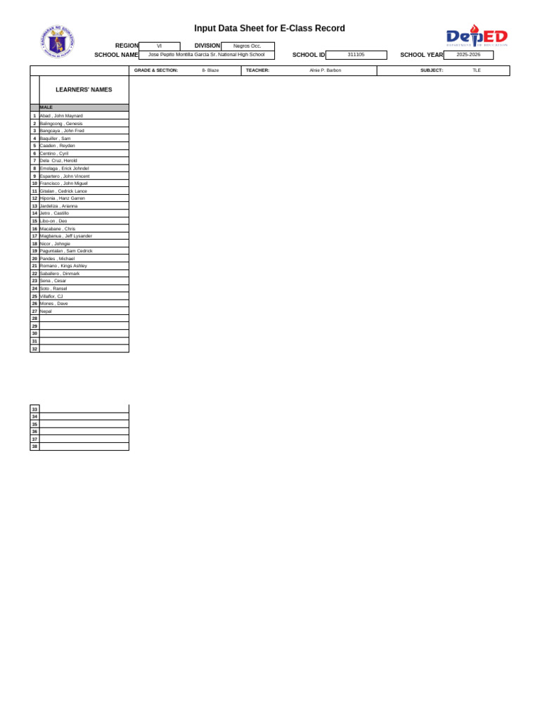 E-Class Record for Grade 8 TLE 2025-2026 | PDF