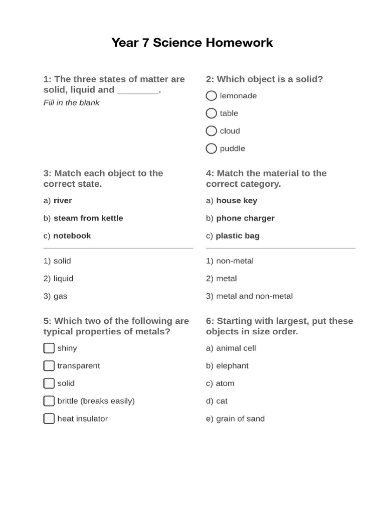 Year 7 Homework - Elements & Compounds | PDF